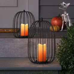 15" Lit Metal Pumpkin Lantern - Hyde And EEK! Boutique™: Black Horror Decor, Sheltered Outdoor Use, AAA Battery Required