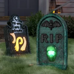 20" Textured RIP Tombstone Lit Halloween Decorative Prop Dark Green - Hyde And EEK! Boutique™