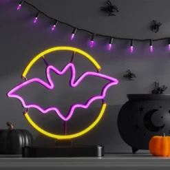 11" Lit Neon Moon And Bat Halloween Decorative Prop - Hyde And EEK! Boutiqueâ„¢